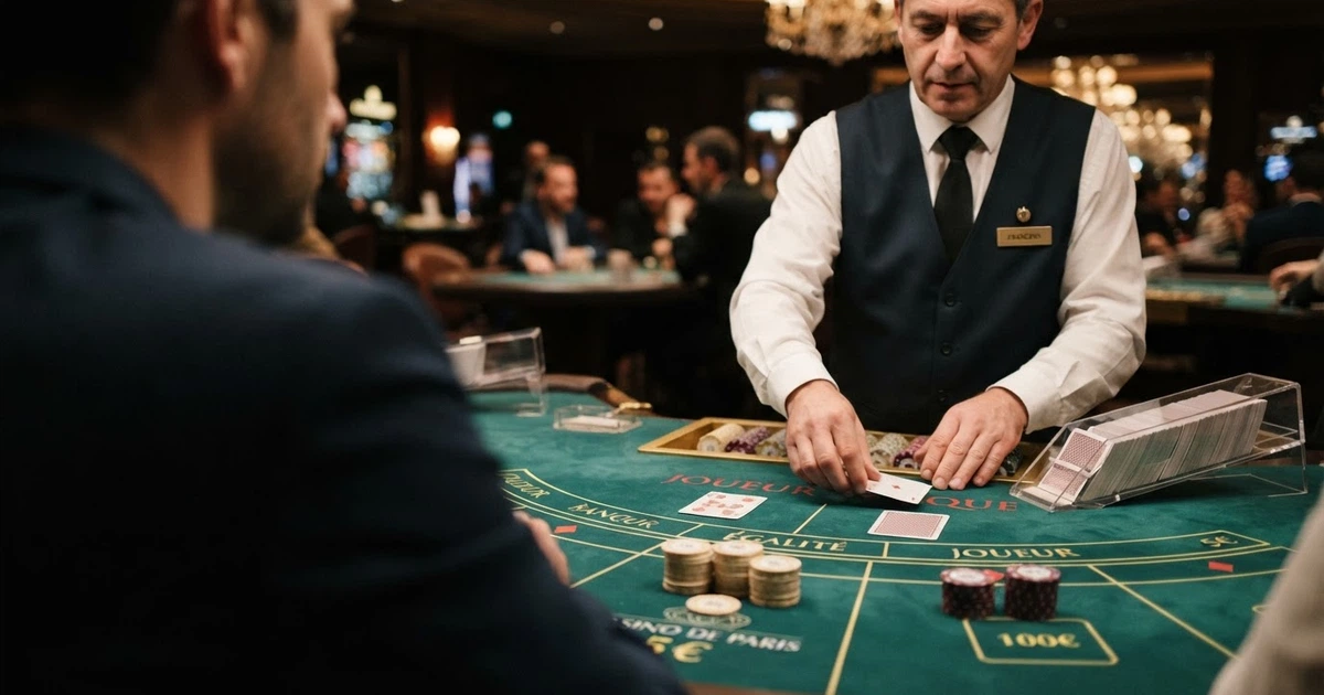 Une table de baccarat en ligne avec croupier en direct, cartes et sabot visibles à l'écran