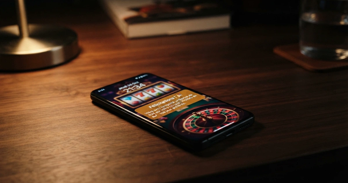 Un écran de téléphone affichant une notification de crédit de bonus en euros, avec une interface de casino en ligne en arrière-plan.