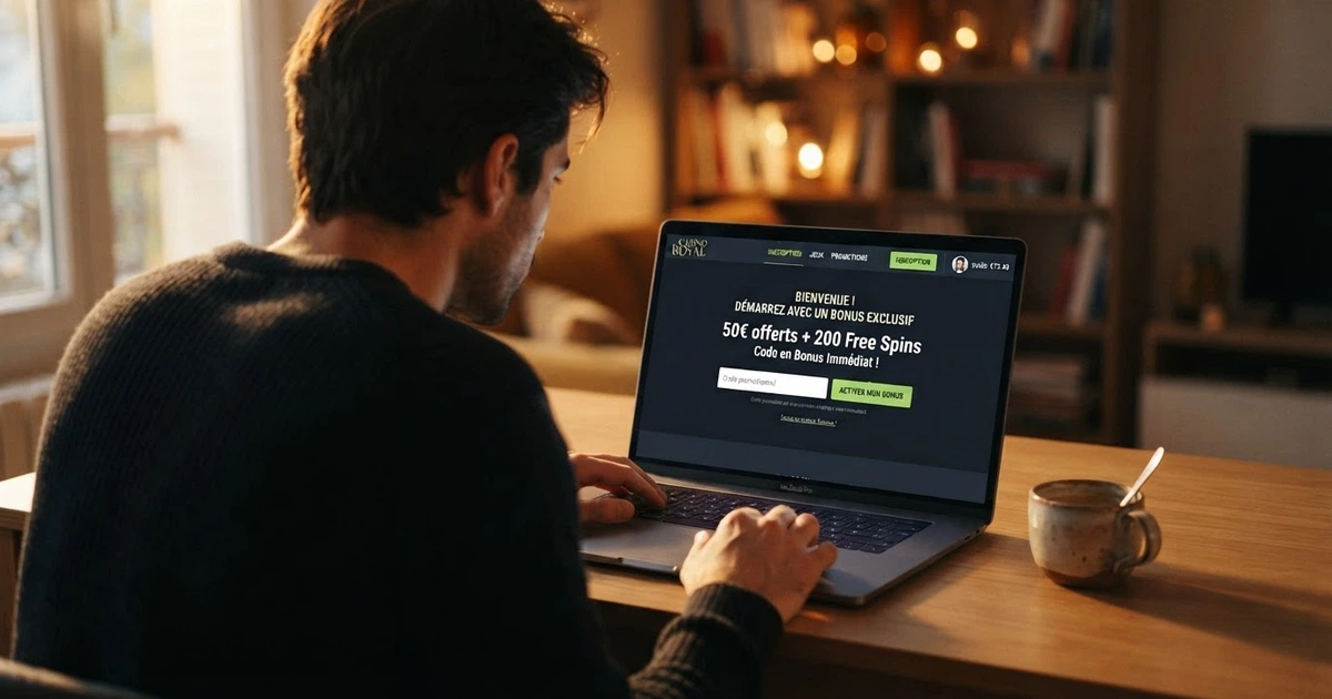 Écran affichant la page d'accueil d'un casino en ligne avec un champ de saisie de code promotionnel, vu de face