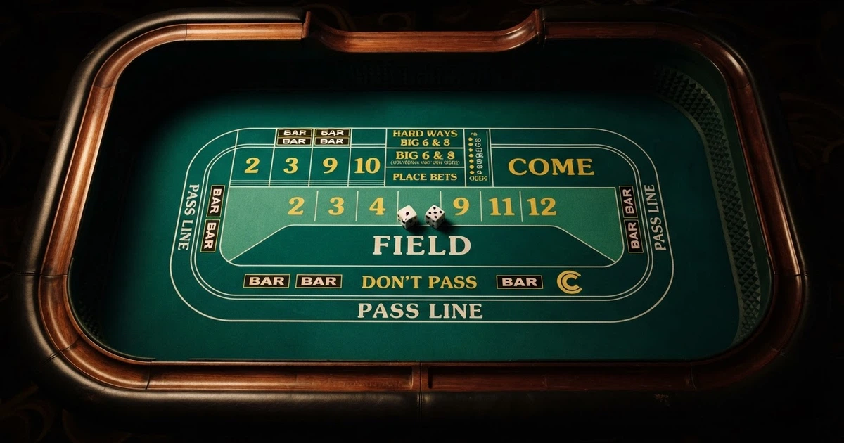 Une table de craps vue du dessus avec les zones de mise Pass Line, Don't Pass, Field et Come illuminées, deux dés blancs posés sur le tapis vert