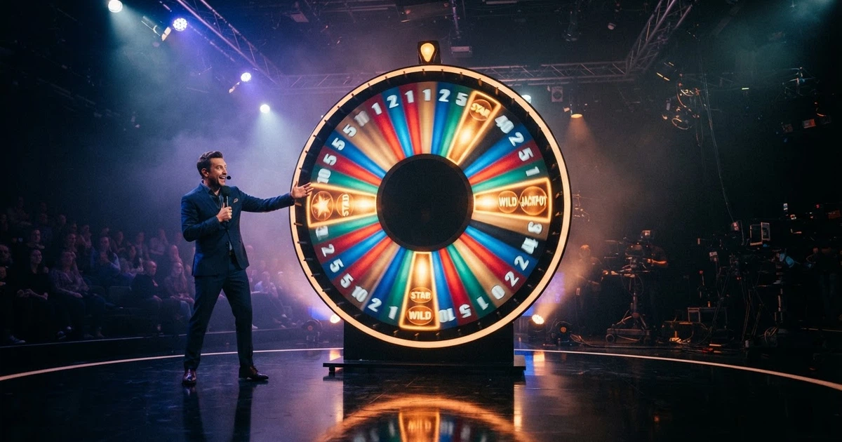 Roue de casino Crazy Time avec croupier en direct dans un studio Evolution Gaming
