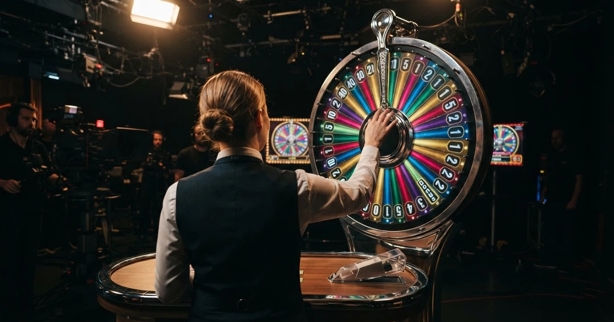 Un croupier en direct dans un studio Evolution Gaming, face caméra, devant une roue de Crazy Time illuminée