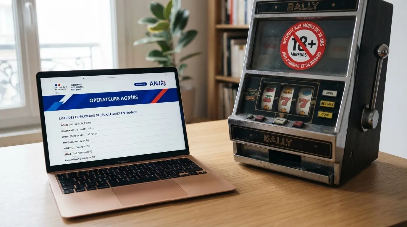Écran d'ordinateur affichant le site de l'ANJ avec la liste des opérateurs agréés, à côté d'une machine à sous barrée d'un symbole d'interdiction.