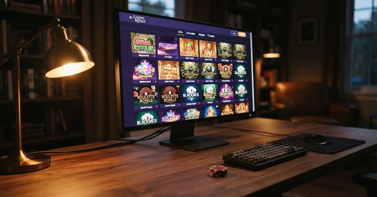 Interface d'un casino en ligne affichant une grille de jeux Microgaming sur écran d'ordinateur, avec des vignettes de machines à sous colorées