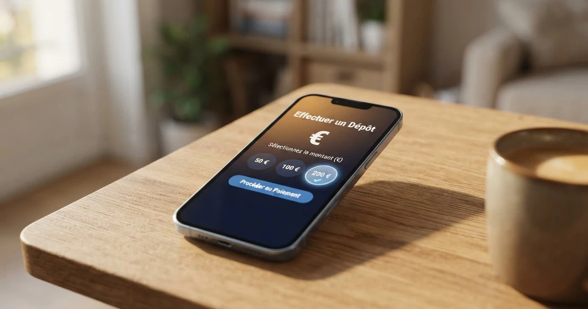 Un téléphone portable affichant l'écran de dépôt d'un casino en ligne avec l'option de paiement par facture mobile sélectionnée.
