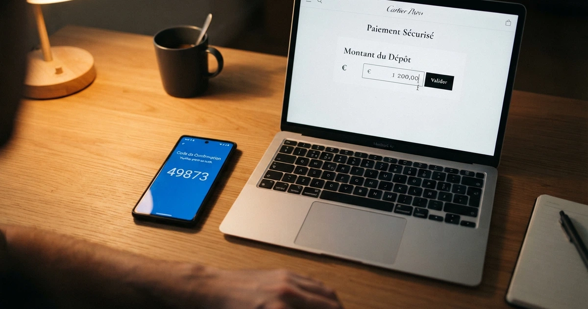 Un téléphone mobile affichant un code SMS de confirmation à côté d'un écran d'ordinateur ouvert sur la caisse d'un casino en ligne