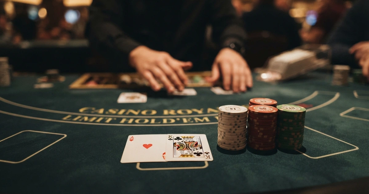Une table de poker de casino en gros plan : jetons empilés, deux cartes retournées sur le tapis vert, un croupier en arrière-plan flou.