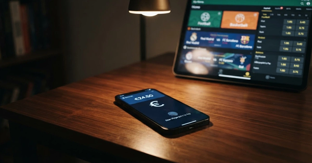 Un iPhone affiché de face avec l'écran de paiement Apple Pay ouvert, le logo Touch ID visible en bas de l'écran, et en arrière-plan flouté l'interface d'une application de paris sportifs