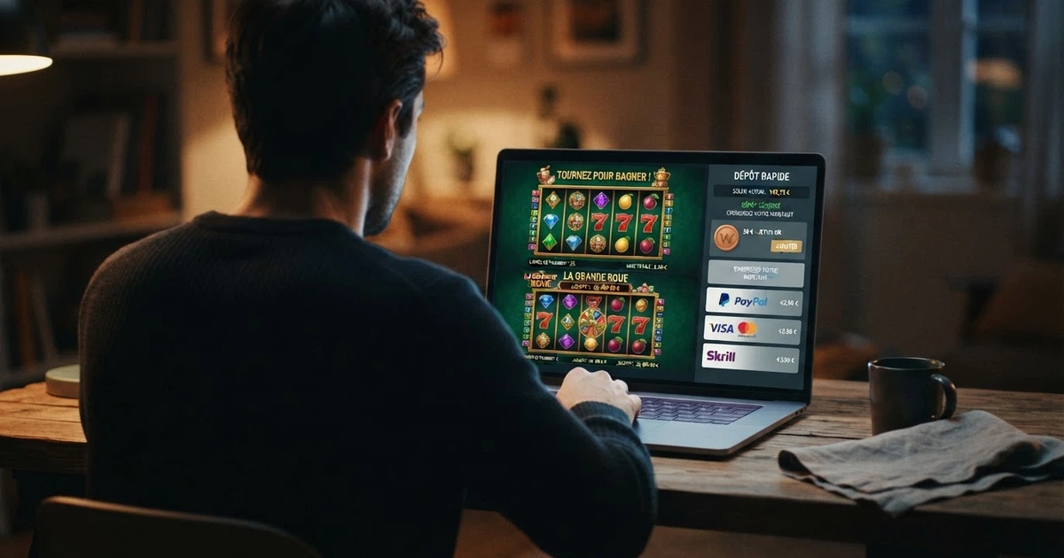 Interface d'un casino en ligne affichant l'option de dépôt en Bitcoin à côté d'une grille de machines à sous