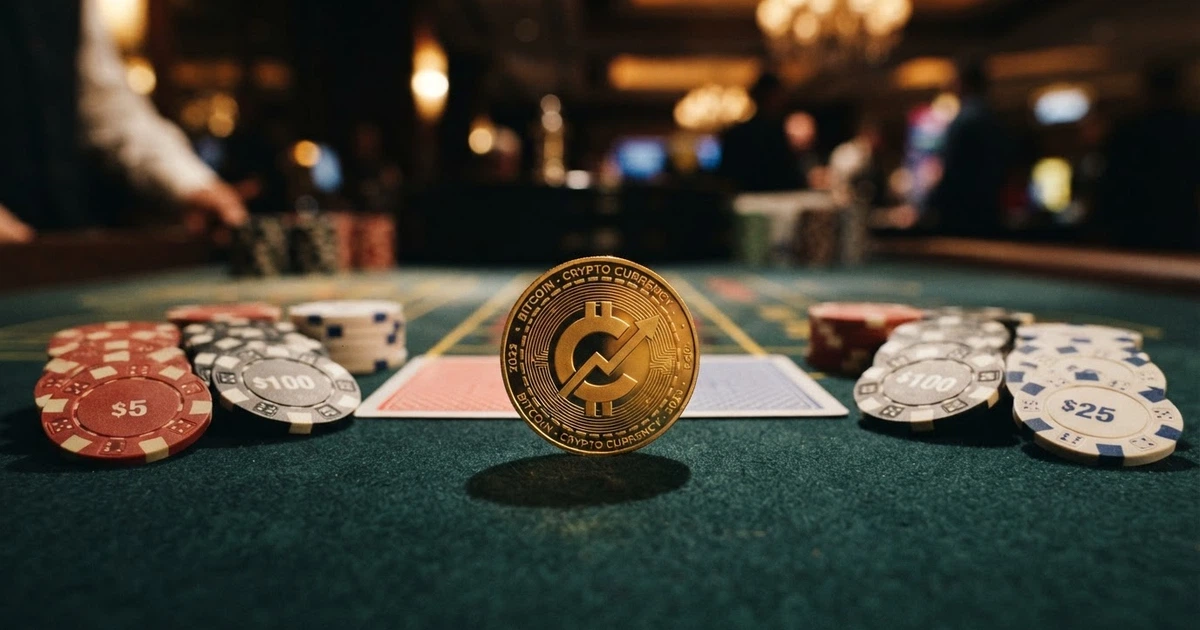 Une pièce de Dogecoin en rendu 3D posée sur un tapis de casino virtuel, des jetons et des cartes en arrière-plan