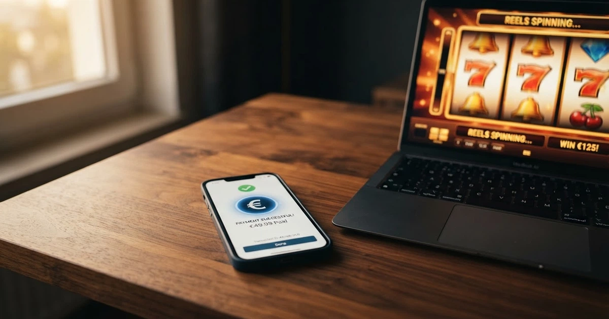 Un smartphone affichant l'interface de paiement Google Pay à côté d'un écran de casino en ligne montrant des machines à sous