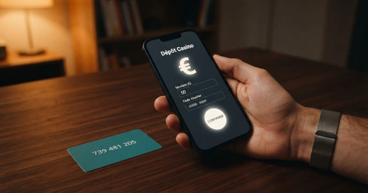 Une main tenant un smartphone affichant l'écran de dépôt d'un casino en ligne, avec un voucher JetonCash et son code PIN de 19 chiffres posé à côté sur une table sombre