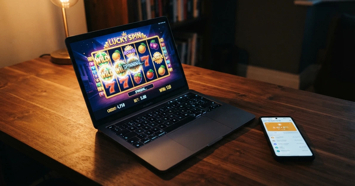 Un portefeuille de cryptomonnaie Litecoin affiché sur l'écran d'un ordinateur portable, à côté d'une interface de casino en ligne montrant des machines à sous