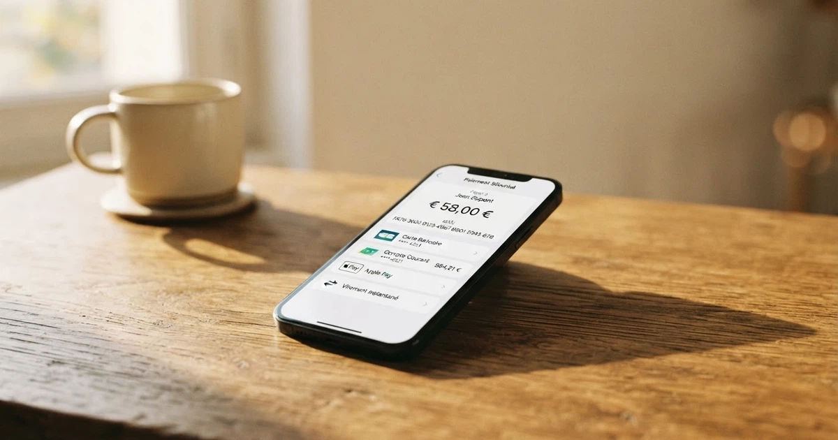 Interface de l'application Lydia sur l'écran d'un smartphone, affichant un IBAN français et les options de paiement