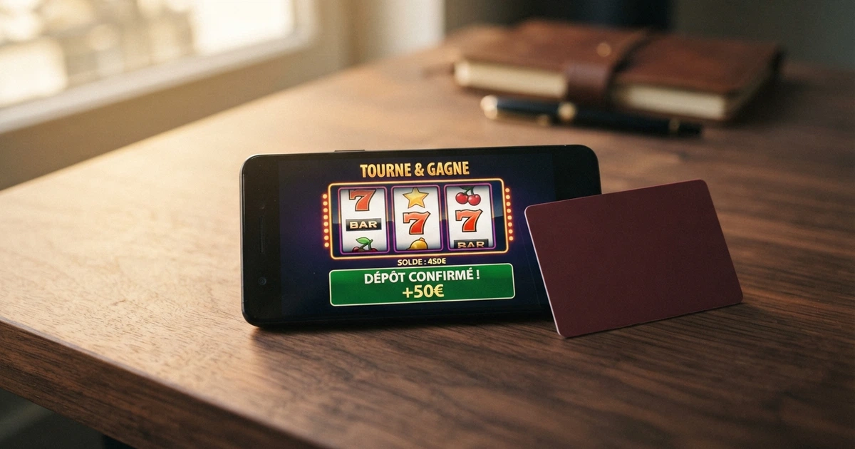 Une carte bancaire Mastercard posée sur un écran de smartphone affichant un casino en ligne, avec l'interface de dépôt visible en arrière-plan