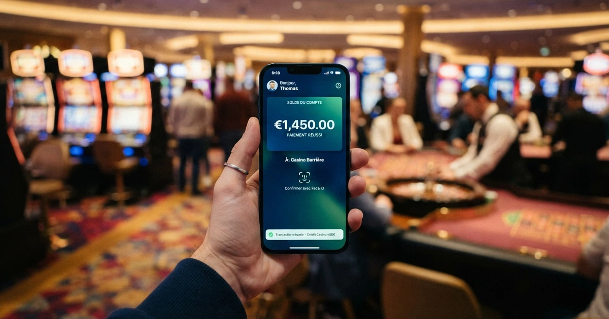 Application MuchBetter ouverte sur l'écran d'un smartphone, affichant l'interface de paiement avec le logo MuchBetter, à côté d'une interface de casino en ligne en arrière-plan