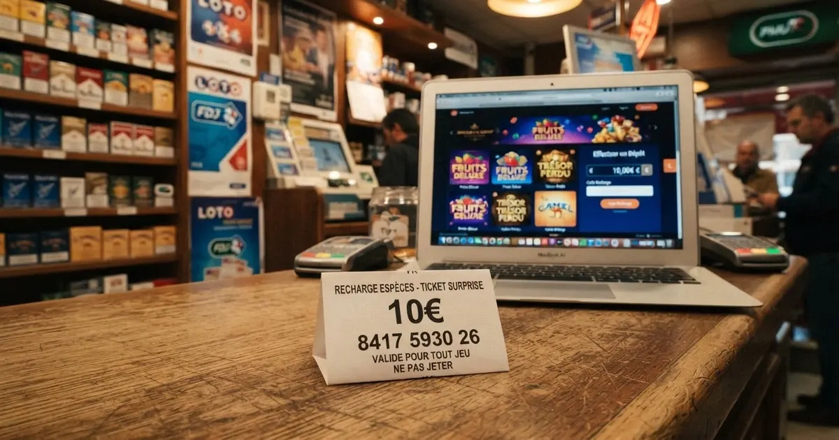 Un ticket Neosurf et un code à 10 chiffres saisi sur l'écran d'un casino en ligne, avec des icônes de machines à sous en arrière-plan