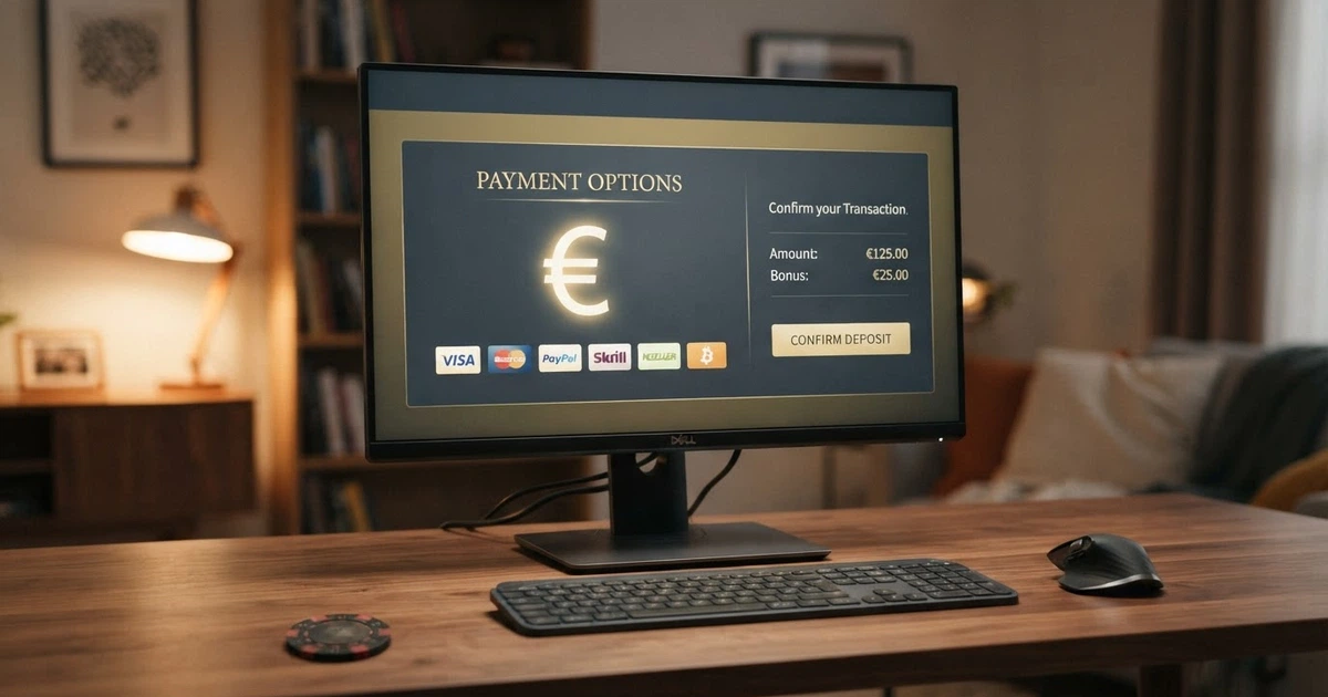 Interface de paiement d'un casino en ligne affichant plusieurs méthodes de dépôt (carte bancaire, e-wallet, crypto) sur un écran d'ordinateur