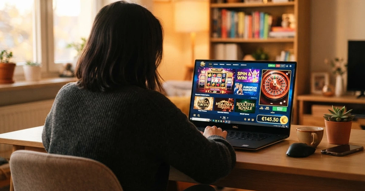 Un joueur consultant un casino en ligne sur son écran d'ordinateur, une icône de paiement Trustly visible à l'écran