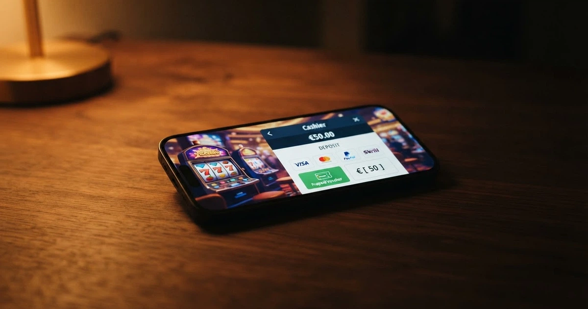 Page d'accueil d'un casino en ligne affichant l'option de paiement Paysafecard parmi les méthodes de dépôt proposées
