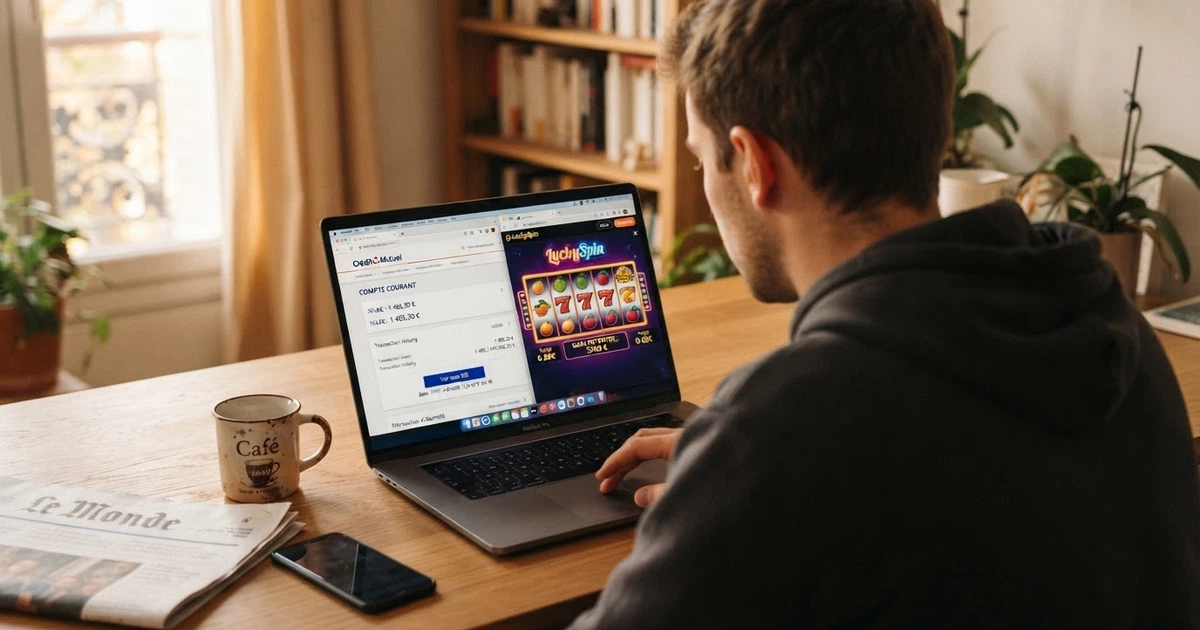 Un joueur français consulte son espace bancaire en ligne sur son ordinateur portable, un RIB affiché à l'écran, à côté une page de casino ouverte dans un autre onglet