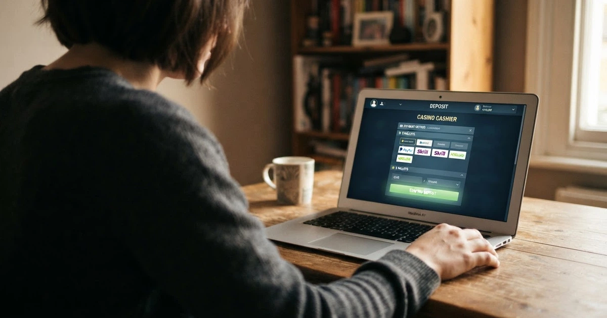 Un joueur consulte l'interface de dépôt d'un casino en ligne, le logo Skrill affiché parmi les options de paiement sur l'écran de son ordinateur portable