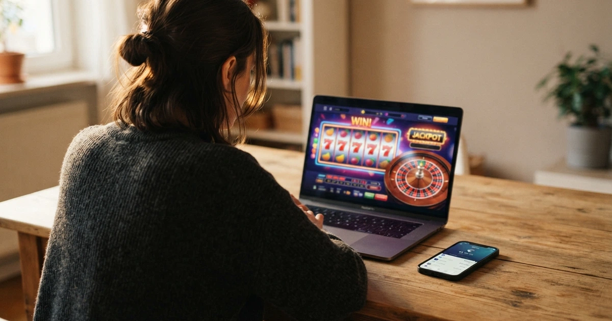 Un joueur consultant un casino en ligne sur son écran, un portefeuille crypto ouvert sur son téléphone à côté, une carte de France en arrière-plan