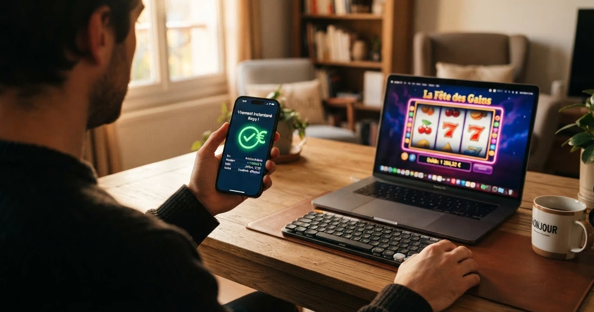 Écran de téléphone affichant une application bancaire française avec une confirmation de virement SEPA instantané, à côté d'une interface de casino en ligne montrant un solde crédité