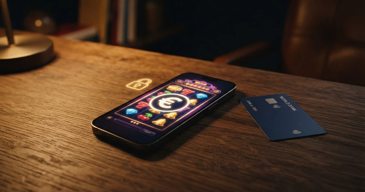 Une carte Visa posée à côté d'un écran de smartphone affichant la page de dépôt d'un casino en ligne, avec un cadenas 3D Secure visible
