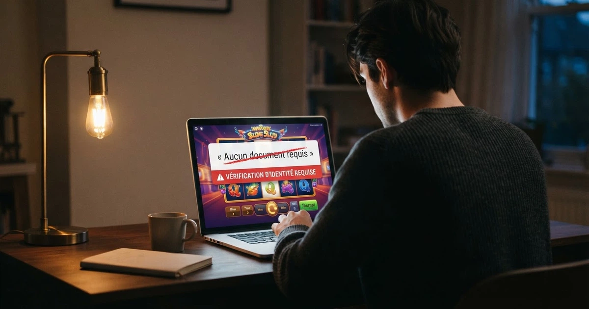 Un écran affichant une page d'accueil de casino en ligne avec un message « Aucun document requis » barré d'un avertissement