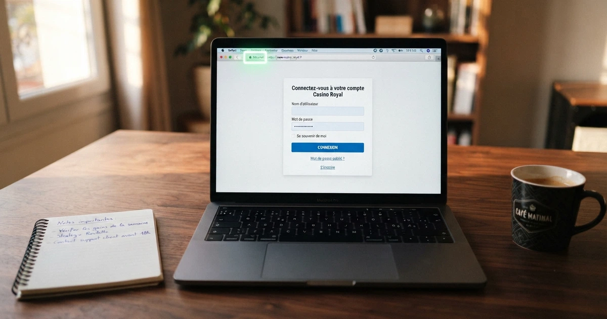 Interface de casino en ligne affichant le cadenas HTTPS dans la barre d'adresse, le logo d'un certificat SSL et l'icône de double authentification sur l'écran de connexion