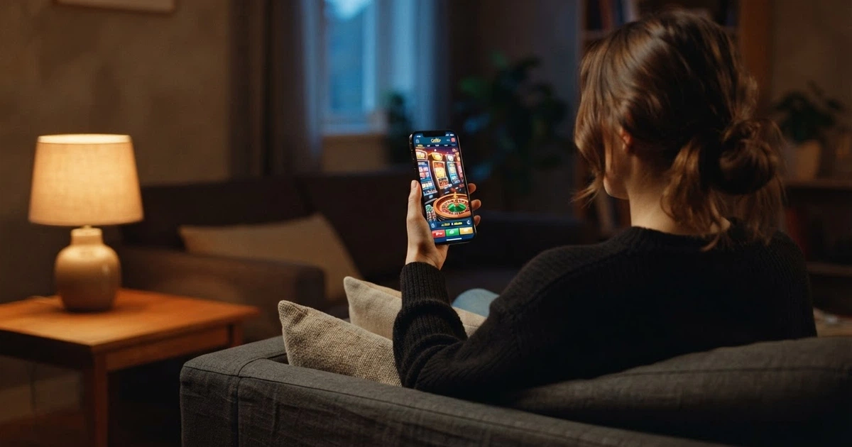 Un joueur tenant un smartphone affichant une interface de casino mobile, les icônes de machines à sous et de roulette visibles à l'écran, dans un environnement domestique sobre
