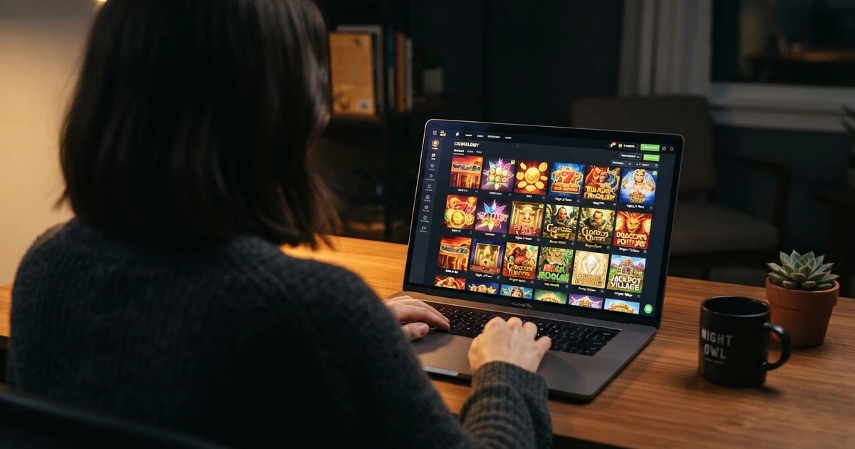 Interface d'un casino en ligne affichant des vignettes de jeux Yggdrasil sur fond sombre