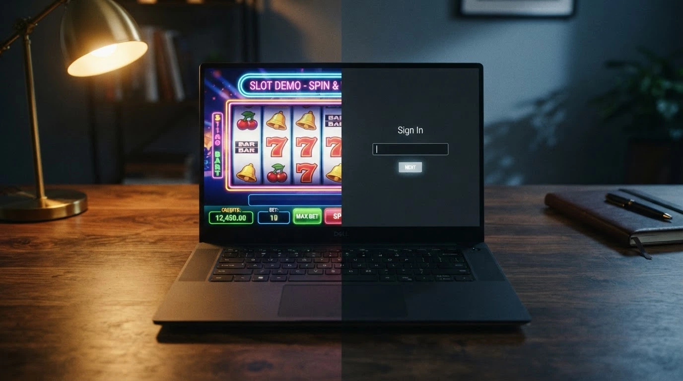 Une balance symbolique : d'un côté un navigateur affichant un jeu en mode démo sans formulaire, de l'autre un site de casino avec un champ de dépôt et un bandeau « non agréé ANJ »