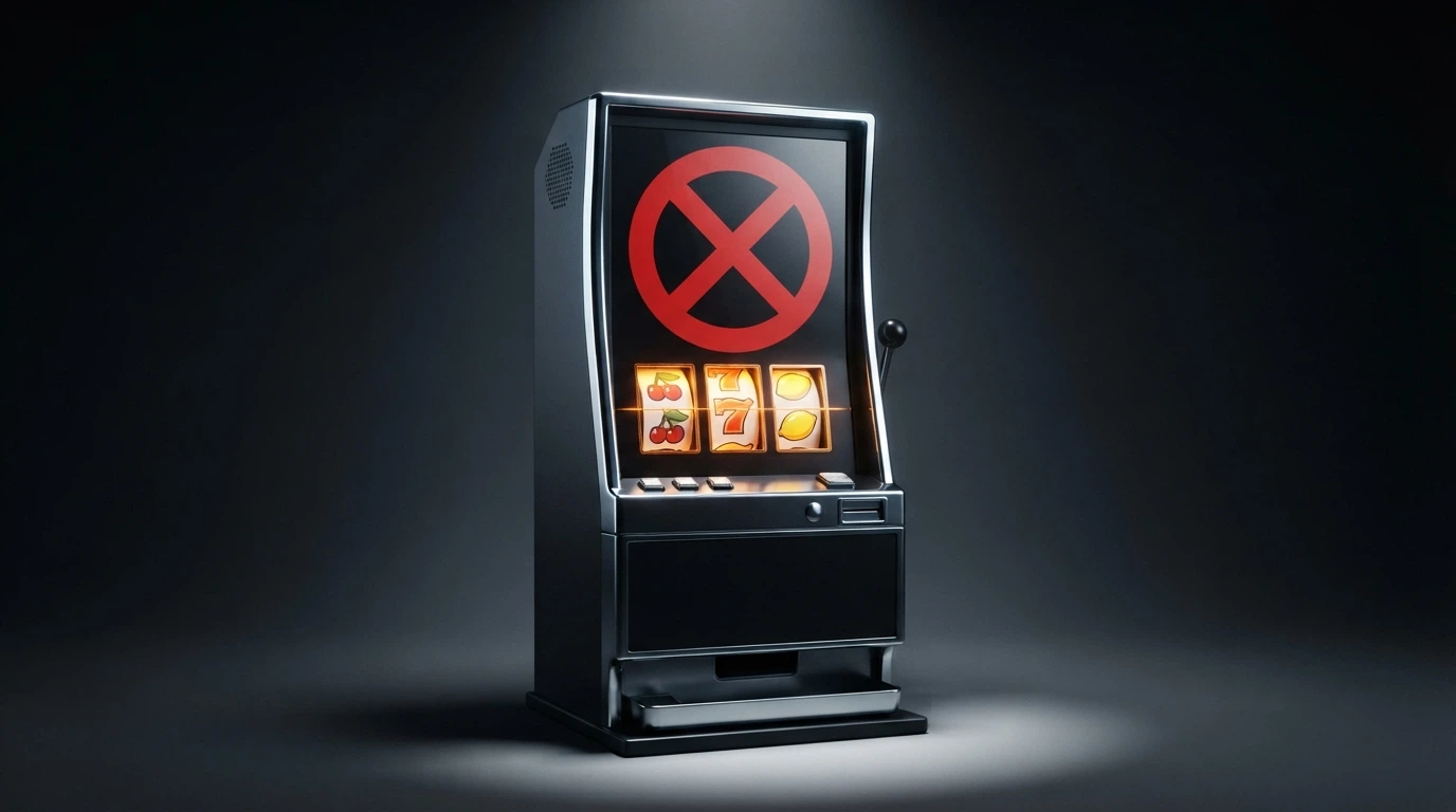 Panneau d'interdiction symbolique superposé à un écran de machine à sous, illustrant la prohibition des casinos en ligne en France