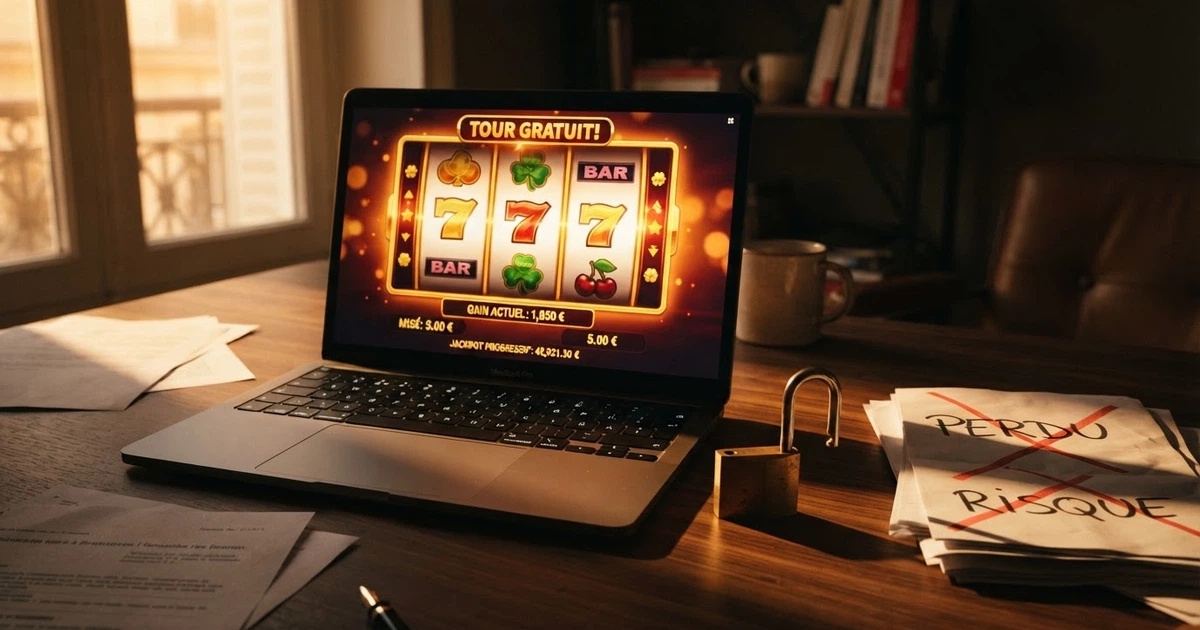 Un écran d'ordinateur affichant la page d'accueil d'un casino en ligne, avec un cadenas ouvert superposé en transparence et des documents d'identité barrés d'une croix rouge en arrière-plan