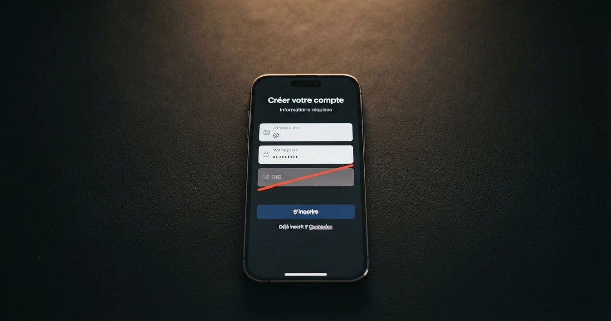 Un écran de smartphone affichant une page d'inscription de casino en ligne avec un champ « RIB » barré ou absent, sur fond sombre