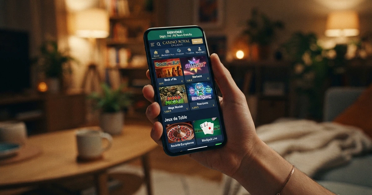 Écran de smartphone affichant le lobby d'une application de casino mobile avec des vignettes de machines à sous, une roulette et une table de blackjack