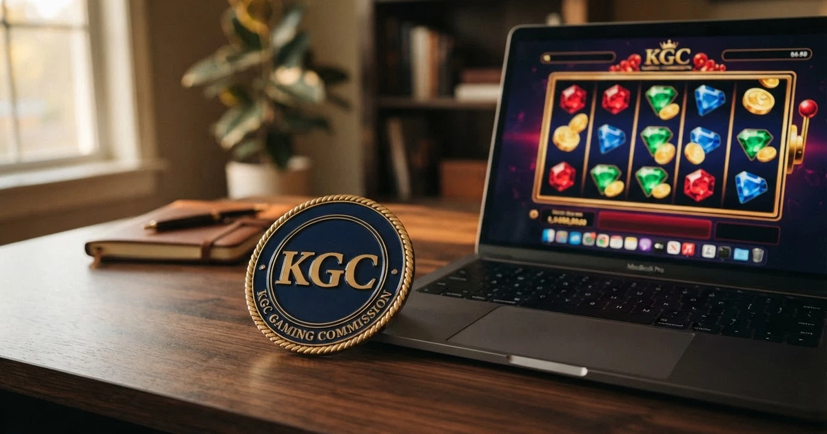 Logo de la Kahnawake Gaming Commission affiché sur la page d'accueil d'un casino en ligne, avec l'inscription « Licensed by KGC » visible en médaillon