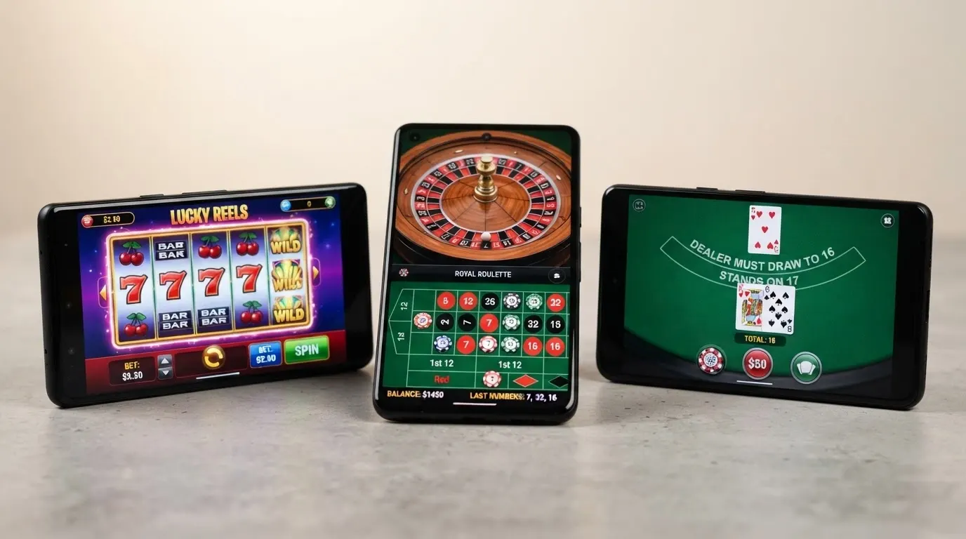 Capture d'écran comparative de plusieurs casinos mobiles affichant leurs licences et leurs méthodes de dépôt acceptées.
