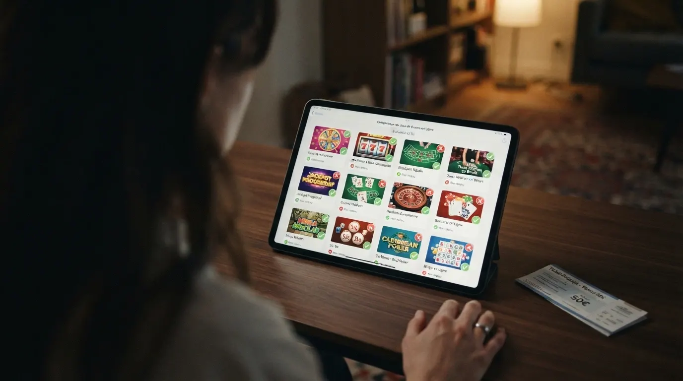 Une grille de comparaison stylisée de casinos en ligne affichant des icônes de licence, de bonus et de jeux, avec le logo Neosurf en filigrane