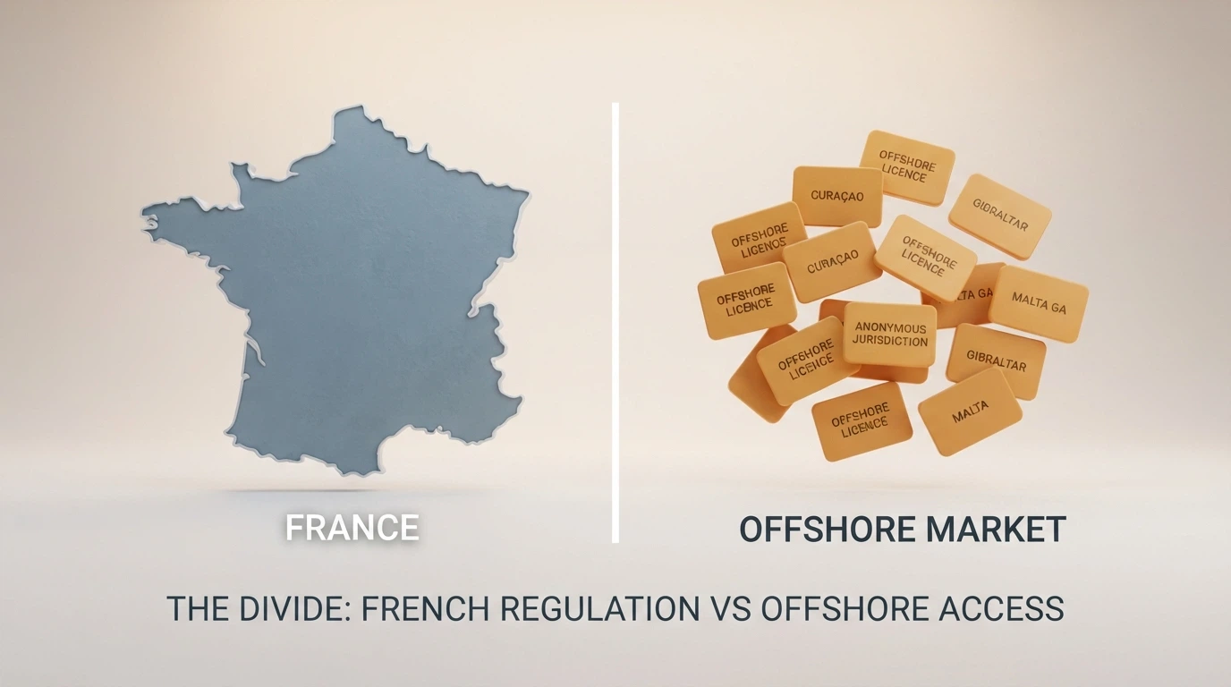 Une carte stylisée montrant la France d'un côté et des licences offshore (Curaçao) de l'autre, séparées par un trait