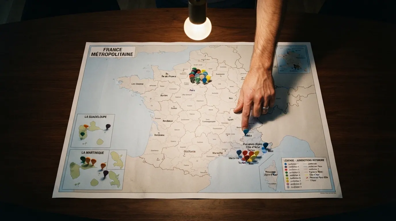 Carte de France avec des marqueurs signalant les juridictions de licence des casinos offshore accessibles