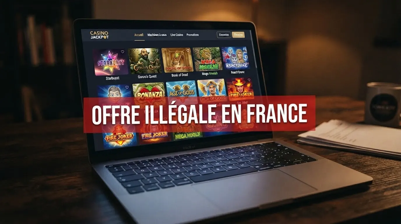 Un écran d'ordinateur affichant la page d'accueil d'un casino en ligne, avec un bandeau d'avertissement « offre illégale en France » superposé en surimpression.