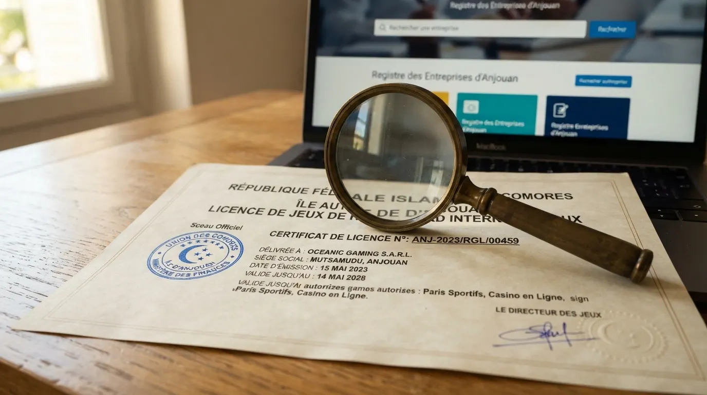 Un gros plan sur un certificat de licence Anjouan avec son numéro d'enregistrement et un tampon officiel, une loupe posée dessus, et en arrière-plan flouté la page d'accueil du registre Anjouangaming.org