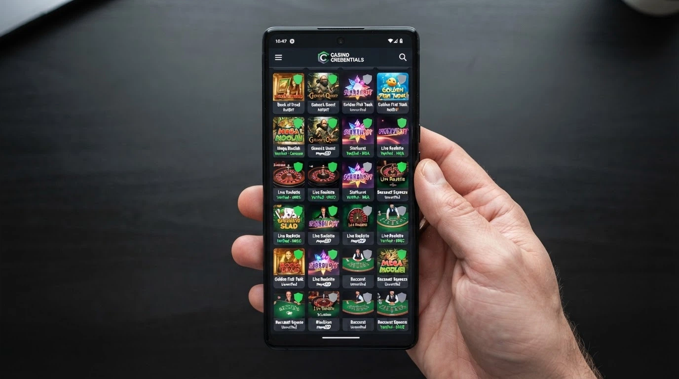 Une main tenant un smartphone Android en mode portrait, l'écran affichant une grille de logos de casinos avec des indicateurs de licence