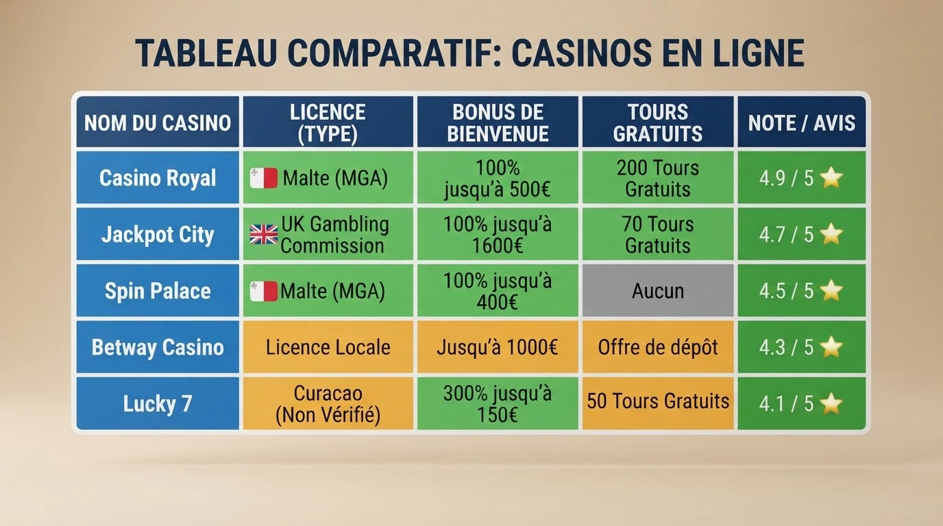 Tableau comparatif de casinos en ligne affichant des notes, des bonus et des licences pour chaque opérateur