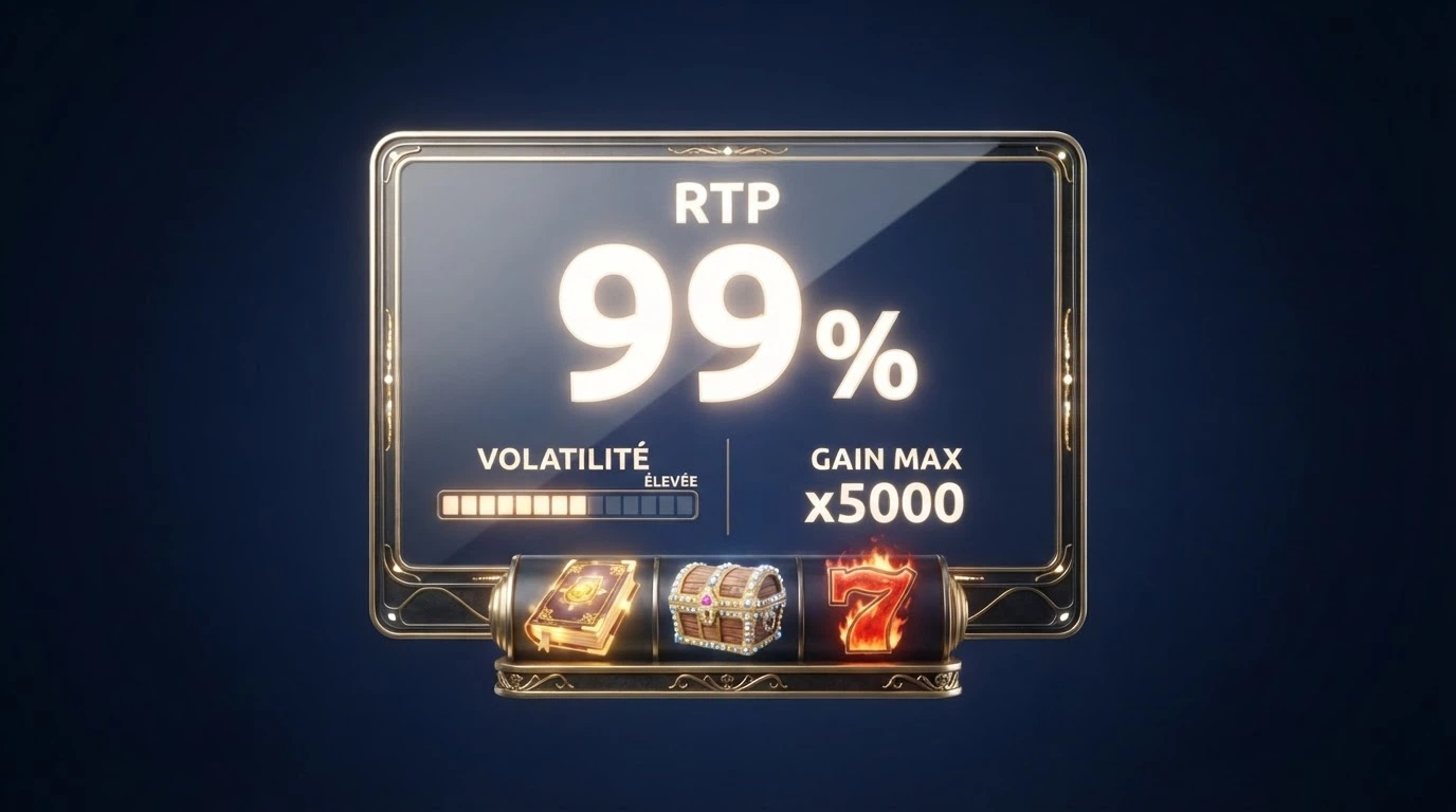 Écran de jeu d'une machine à sous en ligne affichant sa fiche technique, avec le pourcentage de RTP, la volatilité et le gain maximum clairement visibles