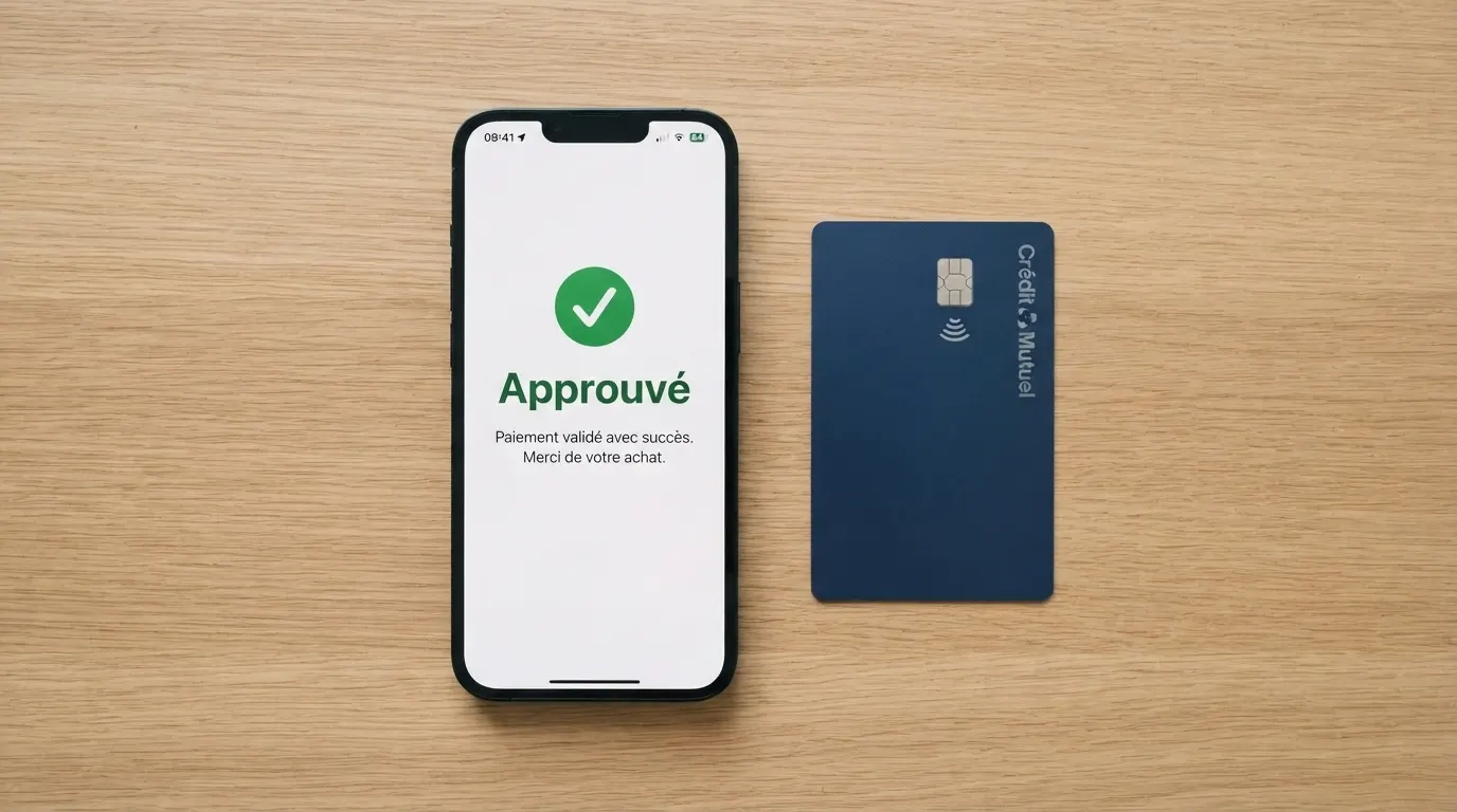 Un smartphone affichant l'écran d'approbation 3D Secure dans l'application Revolut, à côté d'une carte bancaire Revolut