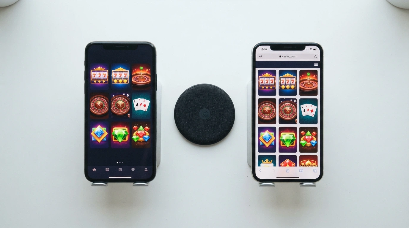 Deux écrans de smartphone Android côte à côte, l'un affichant une application native de casino, l'autre le même casino dans un navigateur mobile